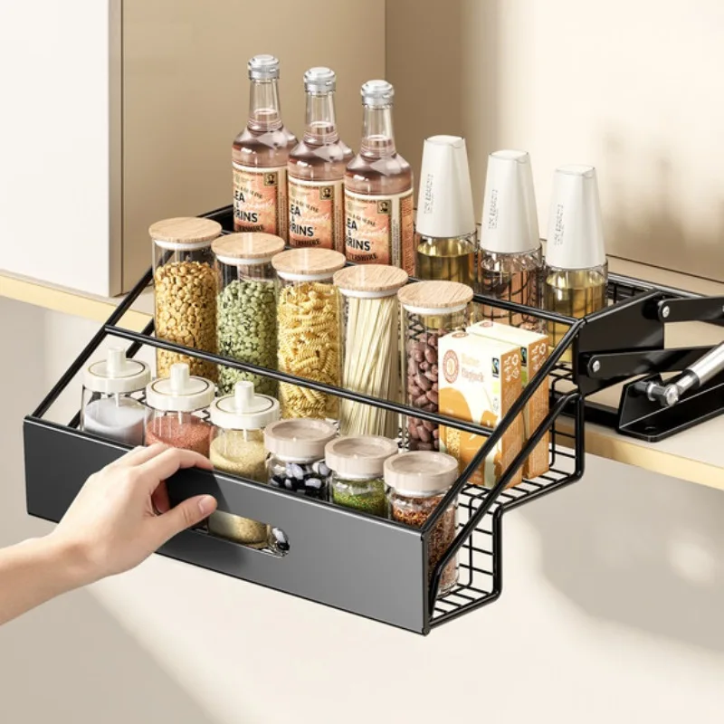 Kitchen cabinet built-in seasoning rack Hydraulic silent lifting rack No punching multi-layer condiment storage rack