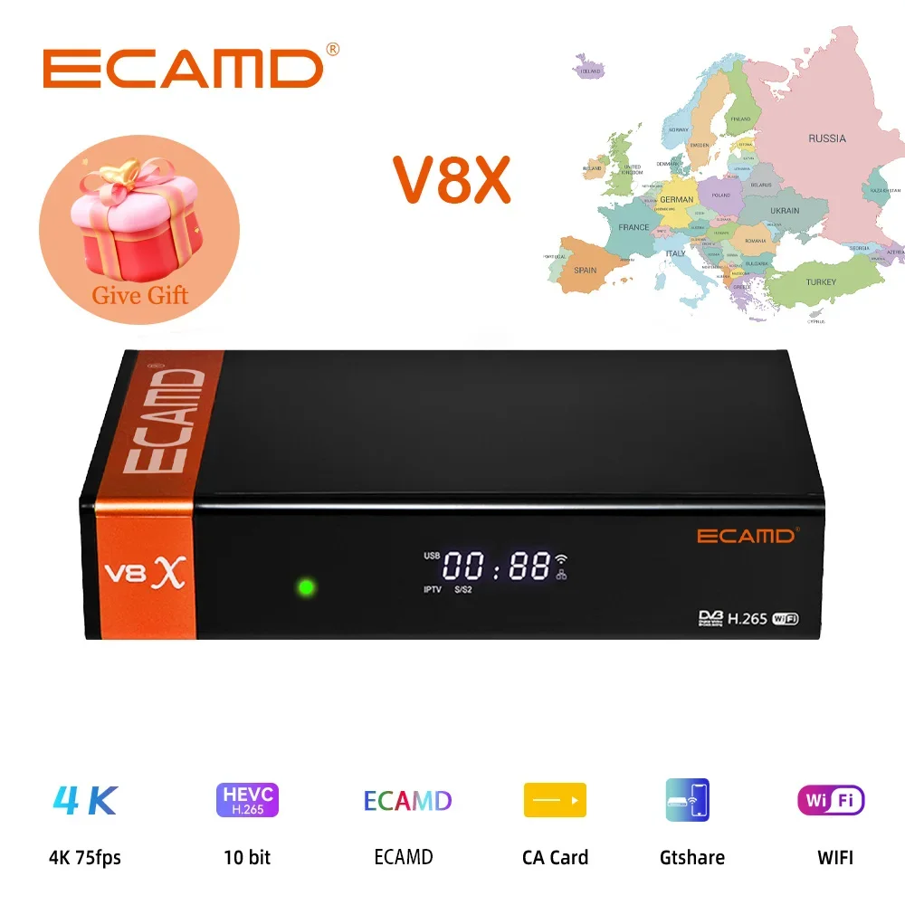 Receptor de satélite ECAMD V8X DVB-S/S2/S2X, VCM/ACM/multistream, compatible con tarjeta CA WIFI 2,4G integrada, versión ECAM, stock en España