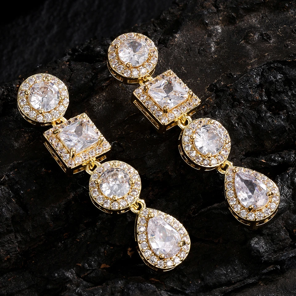 ZAKOL Luxuriöse Elegante Mehrfach-Form Zirkon Lange Hängeohrringe für Damen Rund Quadratisch Tropfenförmig CZ Ohrschmuck Geschenk – Detail 5