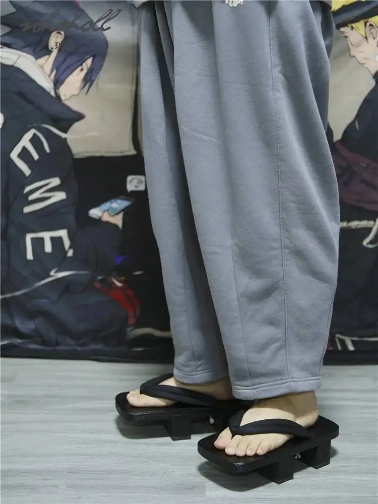 رجل اليابانية جيتا شبشب صيفي الوجه يتخبط قباقيب الساموراي الخشبية الصنادل تأثيري أحذية سوداء سميكة القاع صنادل أرضية