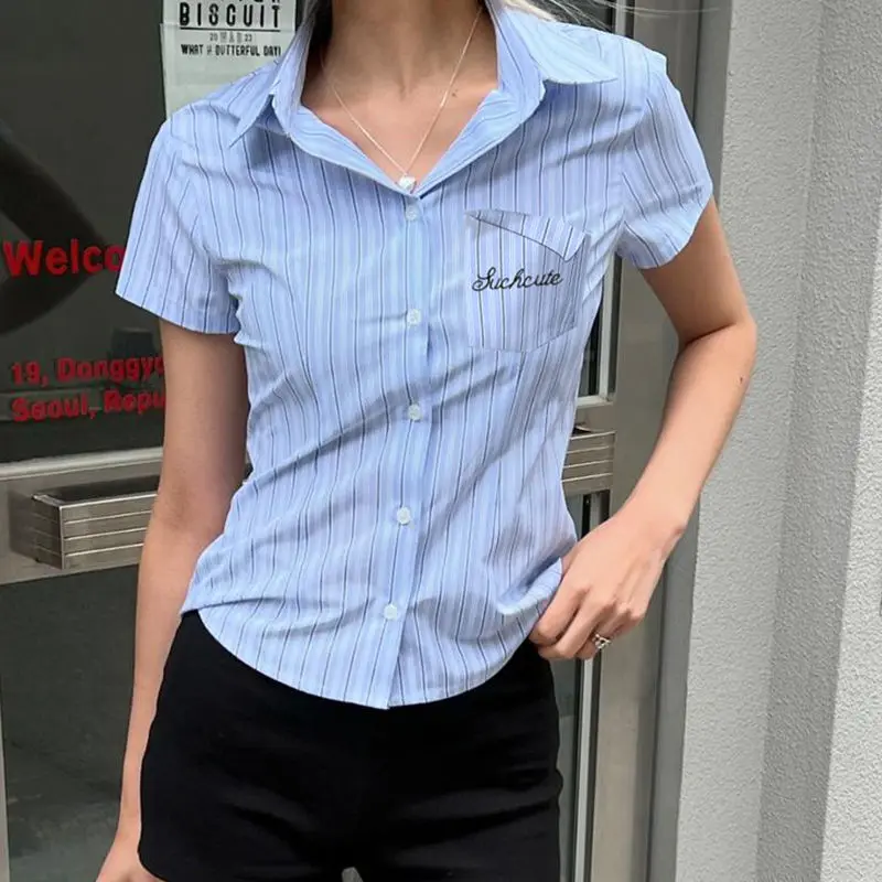 

Shirt Stripes Button-Up Turn-Down Collar Embroidery Letter College Style Y2K Womens Summer Chic England Short Sleeve T-Shirt