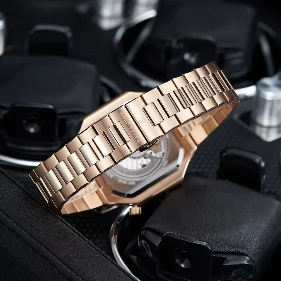 ريف تايجر ساعة أوتوماتيكية للرجال 44 ملم ساعة يد ميكانيكية مربعة 5ATM مضيئة الياقوت عرض احتياطي الطاقة ومينا 24 ساعة