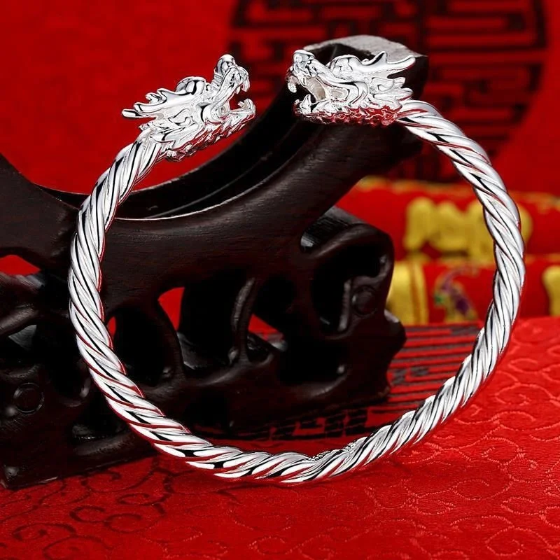

999 sterling silver double dragon head bracelet, fashionable and stylish for couples, open mouth bracelet jewelry, birthday gift