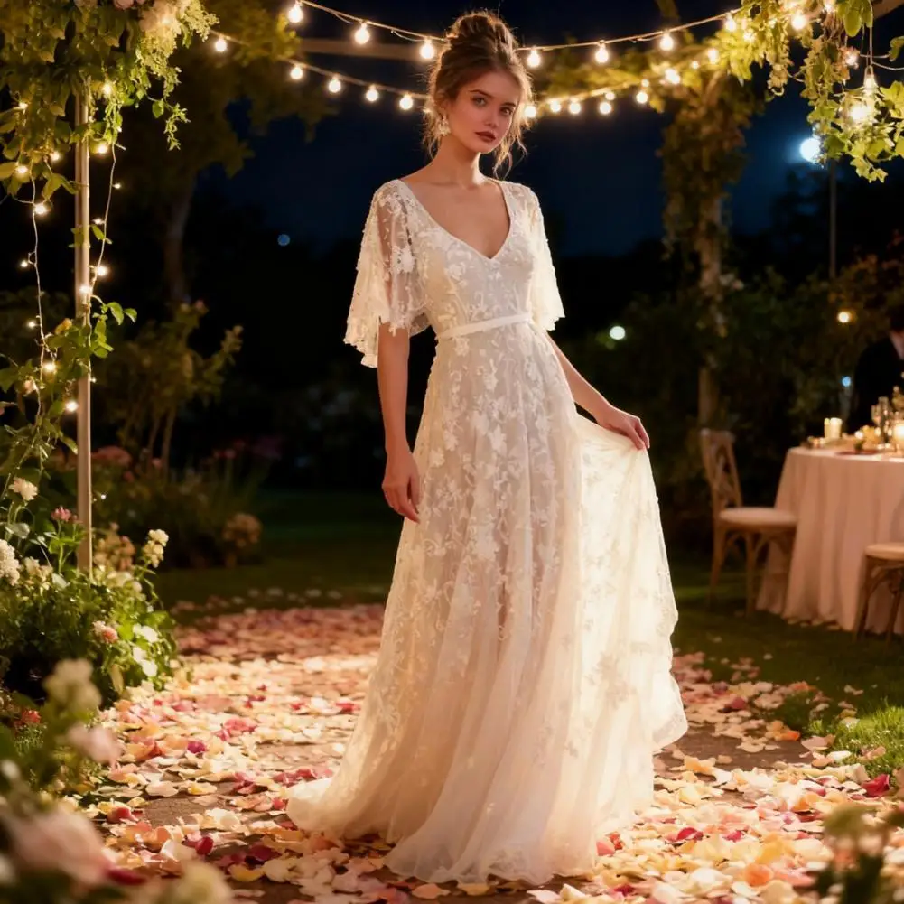 Soft Comfortable Dress Lace Flared Sleeve Wedding Dress V Neck Bridal Ball Gown Open Back Boho Beach Swing Dress with Mesh