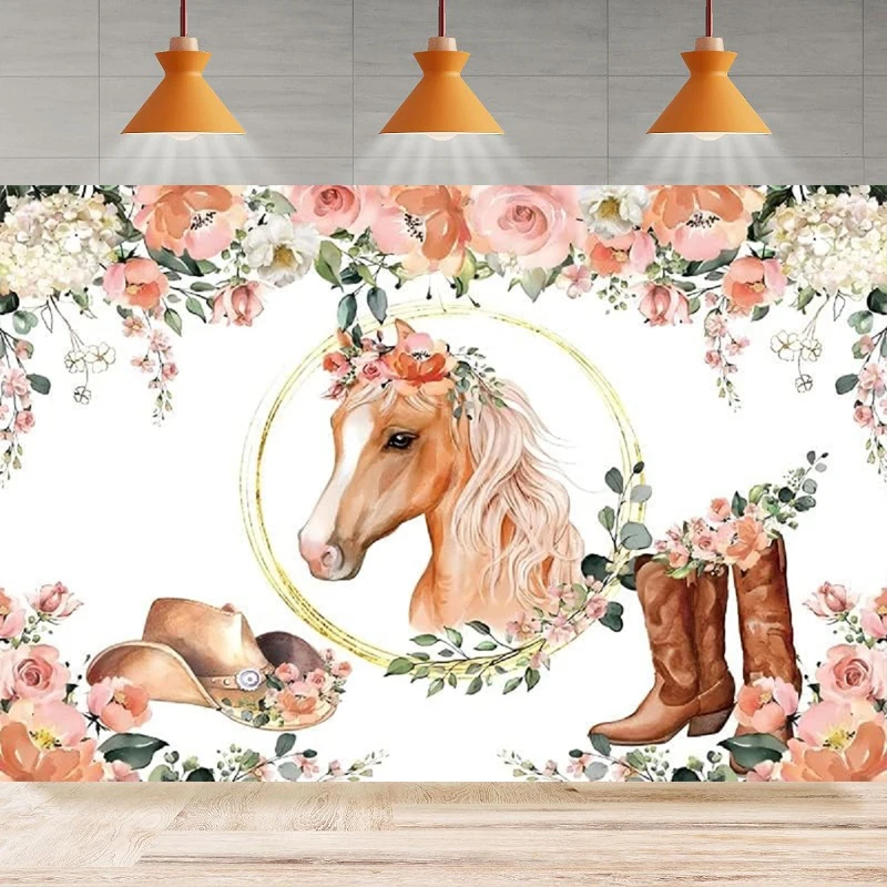 Horse Photography Backdrop Spring Pink Flowers Cowboy Cowgirl Birthday Party Western Background Home Party Backdrop Wall Banner