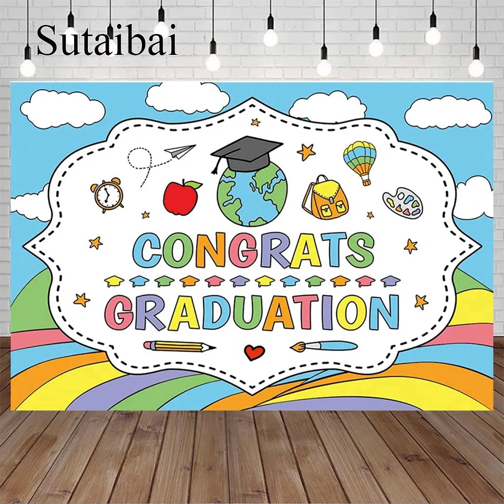 

Preschool Graduation Backdrop Congrats Class of 2022 Kindergarten Kids Party Apple Color Stripes Photo Background Decor