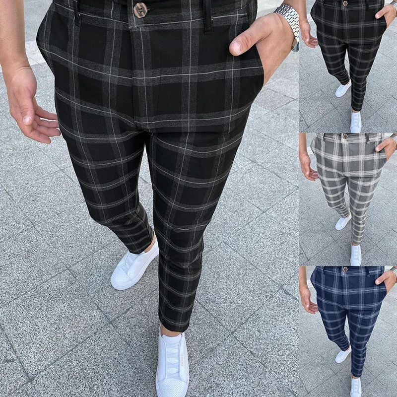 

Men's Fashion Spring New Large Plaid Stripe Printed Casual Pants Men Slim Fit Pocket Pants Business Male Trousers Clothing