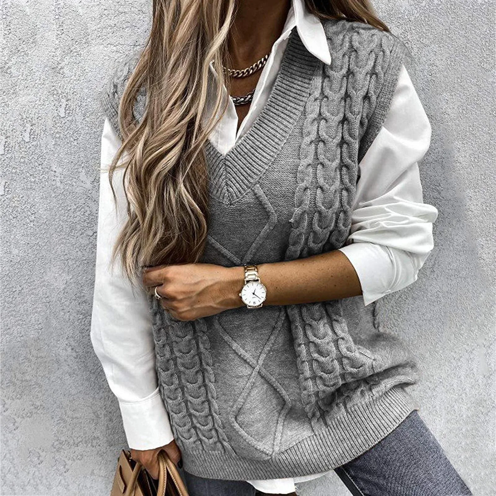 Autumn Women\'s Clothing Women\'s College Style Knitted Vest Sleeveless V-Neck Retro Sweater Vest Winter Slim Loose Knitwear Top