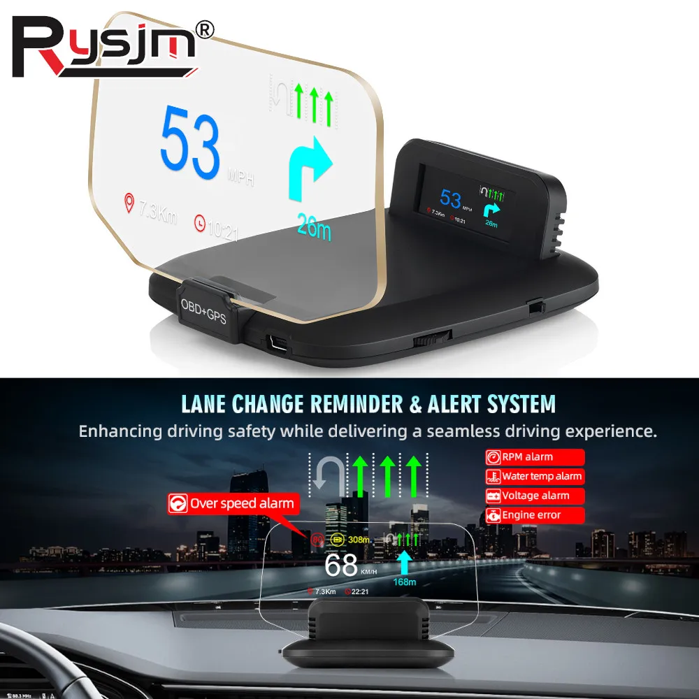 New C1 Car Navigation Projection HUD Head-Up Display OBD2+GPS Car Projector Speedometer /Water Temperature //RPM/ Voltage Alarm