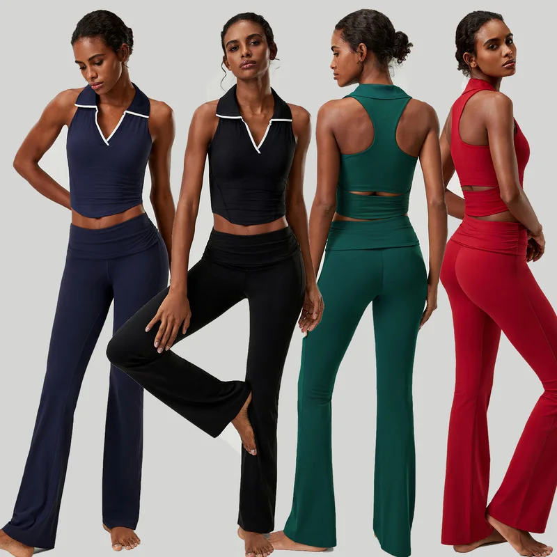 Women Stand Collar Ribbed Yoga Outfit 2 Piece Set Hollow Back Crop Tank Top Flared Leggings Plus Size Fitness Tennis Workout Set