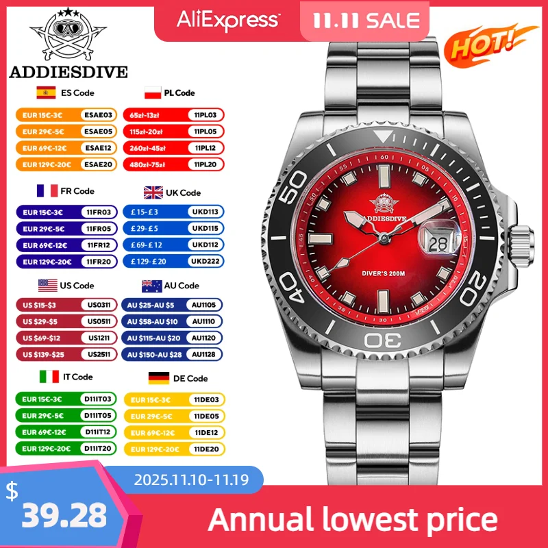 ADDIESDIVE Luxury Watch 41mm Gradient Rotatable Bezel NEW Diver Watch Waterproof BGW9 Luminous Stainless Quartz Watches for Men