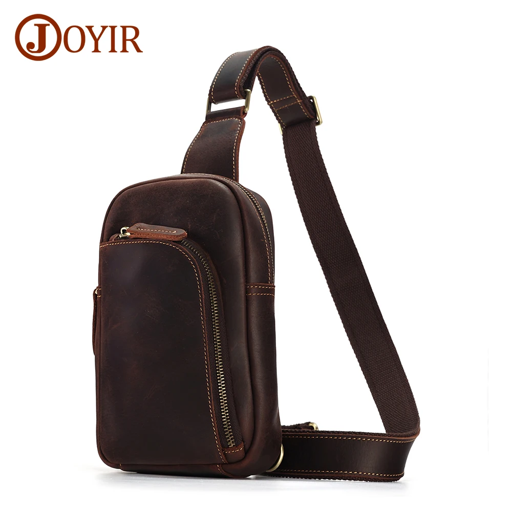 JOYIR Male Crazy Horse Leather Hiking Chest Pack Retro Shoulder Bags for 7.9 inch iPad Crossbody Bag Casual Travel Sling Bag