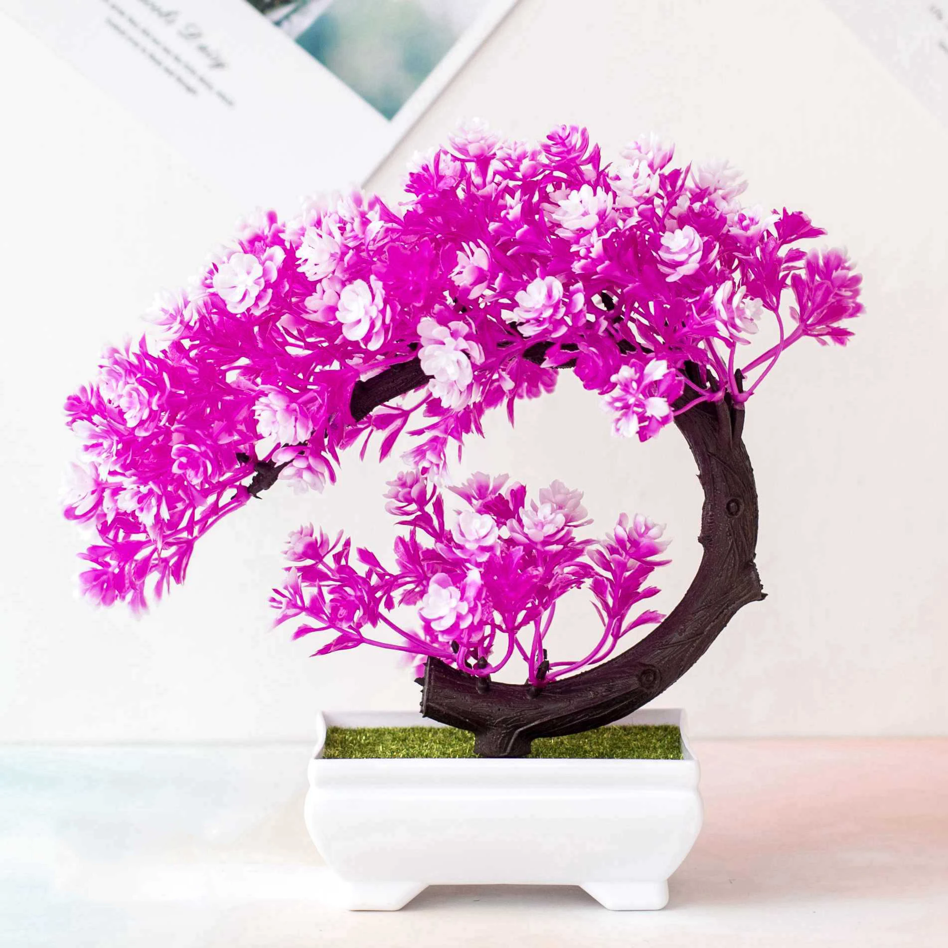 Halbmondförmiger Künstlicher Bonsai-Baum, Simulierte Tausendblütenpflanze, Deko-Ornament für Zuhause, Büro und Schreibtisch, Kreatives Design G – Detail 5