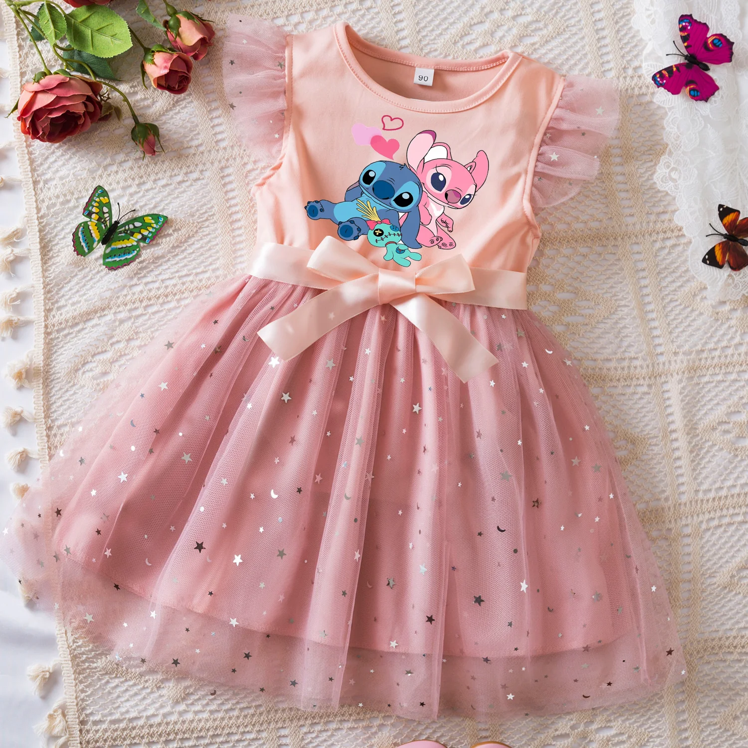 

Lilo Stitch Sweet Girls Summer Clothes Flying Sleeves Bow Sequin Dress 2-6Y Kid Birthday Tutu Princess Dress for Baby Girl