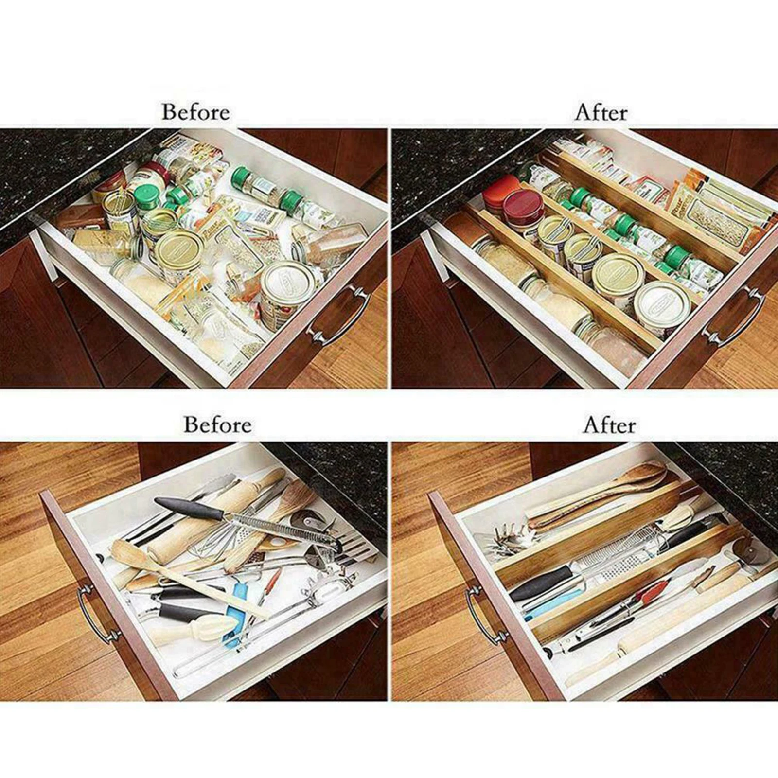 Adjustable Bamboo Drawer Dividers Organizers, Spring Loaded Expandable Kitchen Drawer Separators Wooden Drawer Organization