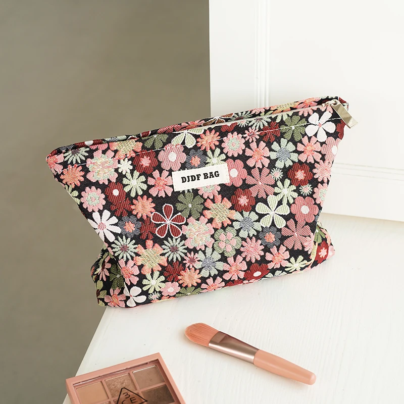 Red Flowers Large Capacity Women's Cosmetic Bag, New Portable Storage Bag, Travel Toiletry Bag, Chinese Style