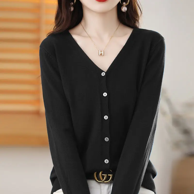 Spring Autumn Women Clothing Solid V-Neck Cardigan Sweaters Single Breasted Simplicity Fashion Loose Long Sleeve Knitted Tops