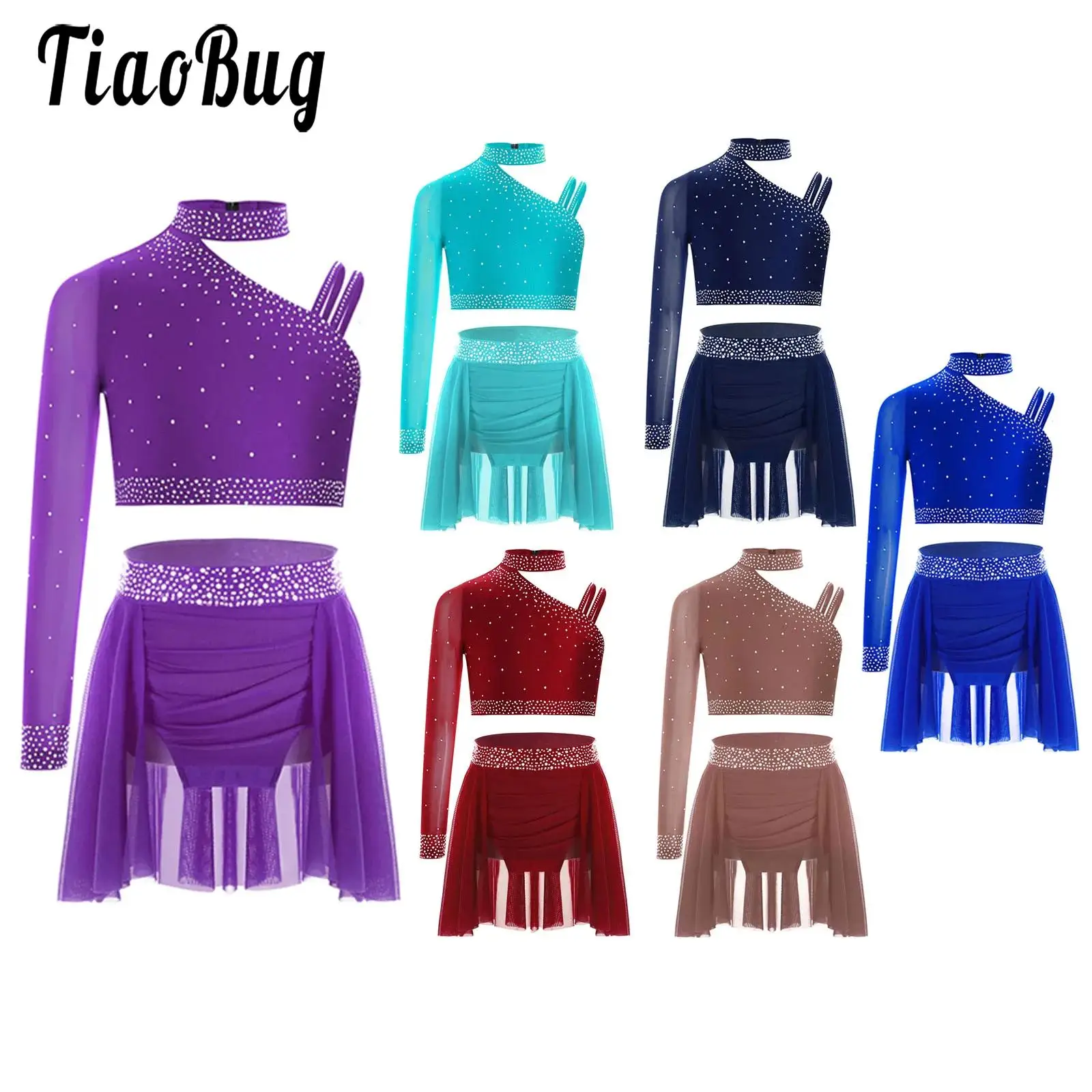 

Kid Girls Figure Skating Lyrical Dance Outfit Sparkly Rhinestones Crop Top with Sheer Mesh Briefs Skirt Cheerleader Team Costume