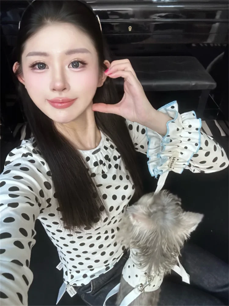 

Женская приталенная футболка Sweet Girl с длинным рукавом, весна 2026, новая корейская модель, с цветочным кружевом, для повседневной носки, универсальная