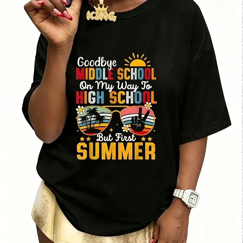 Goodbye Middle School Graduation to High School First Summer Women's T-Shirt 100% Cotton Fun Print Short Sleeve Top Casual Round Neck Tee S-5Xl