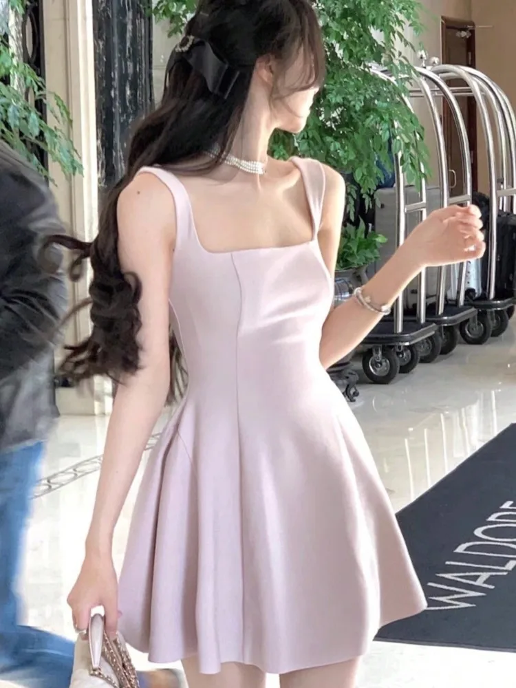 Elegant France Princess Party Evening Short Dresses Wide Straps Women's Clothes 2025 New Summer Plain Corset Sweet Tutu Dress