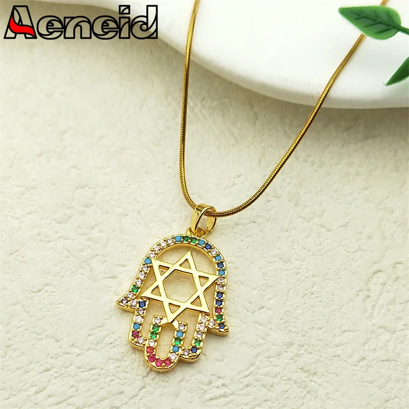 Colorful Crystal Star of David Hamsa Hand Copper Pendant Necklaces for Women Stainless Steel Fatima Hand Amulet Jewelry Gift ﻿