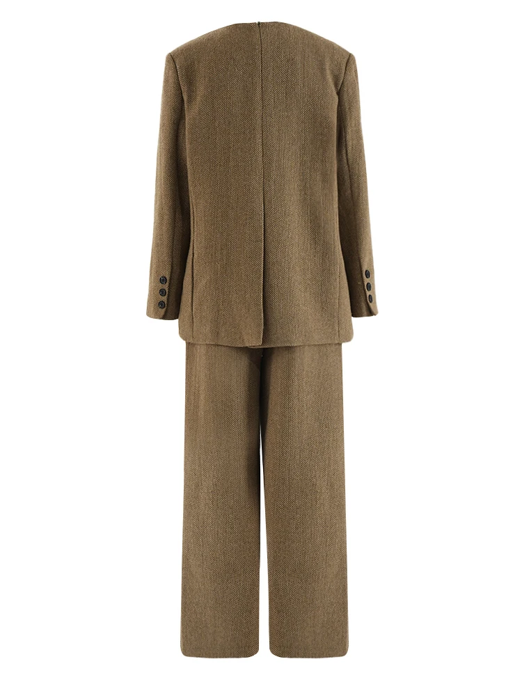 [EAM] Big Size Khaki Blazer Wide Leg Pants Two Piece Suit New O-Neck Long Sleeve Women Fashion Tide Spring Autumn 2024 16O1911