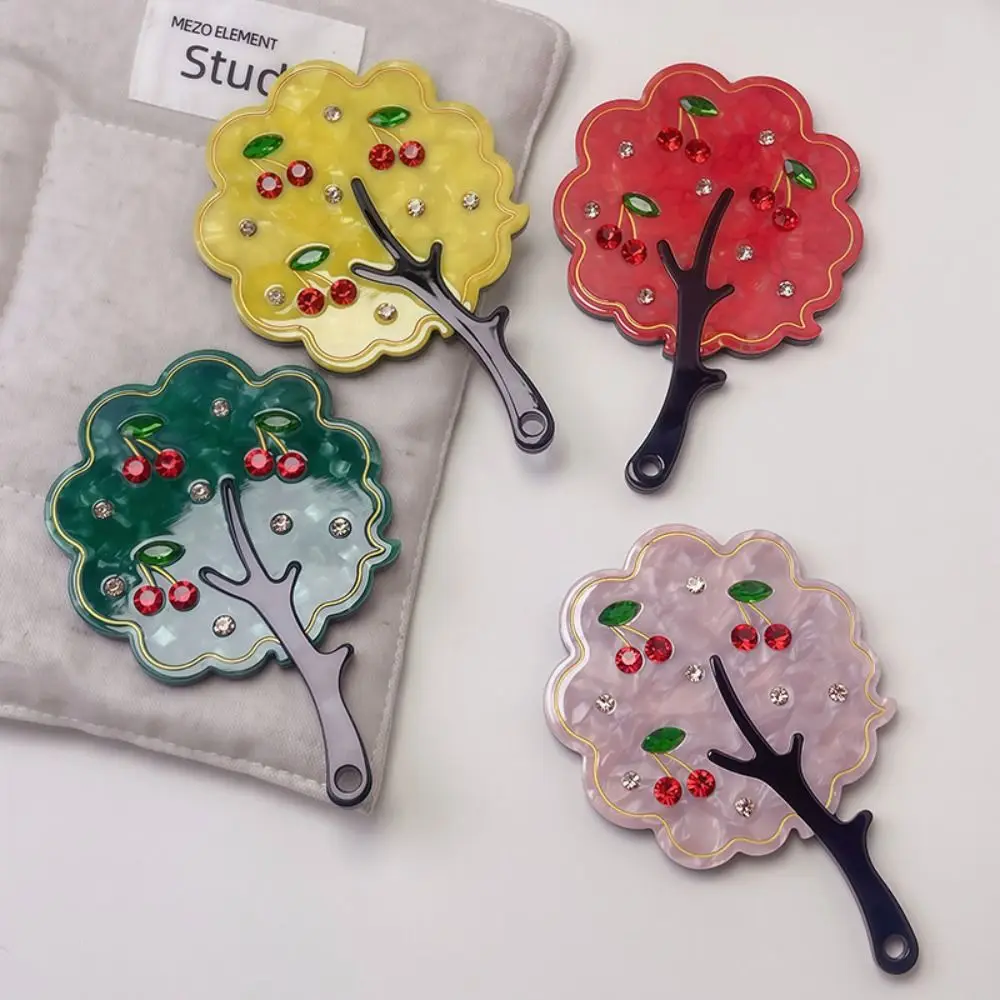 لطيف الكرز خلات مرآة لوضع مساحيق التجميل الملونة حجر الراين شجرة شكل مرآة الكرتون عالية الوضوح مقبض المحمولة مرآة الهدايا