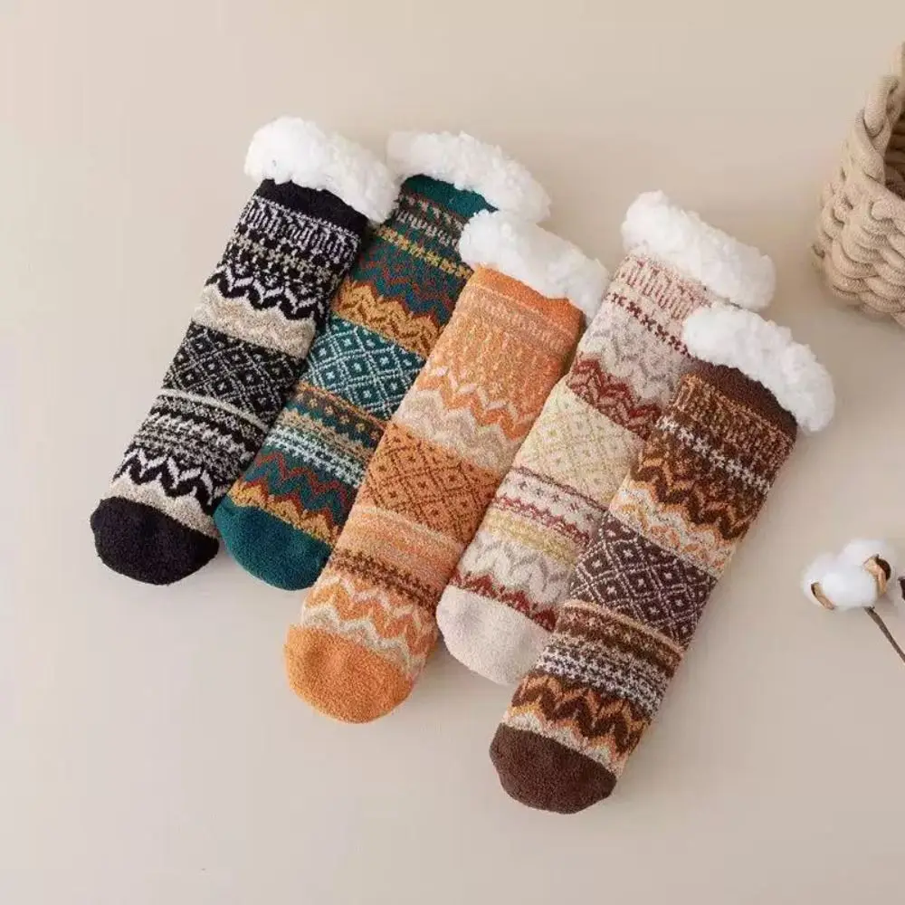 

Fashion Patchwork Fleece Socks Women Mid Tube Anti Slip Winter Floor Socks Ethnic Style Hosiery Thicken Velvet Socks Home