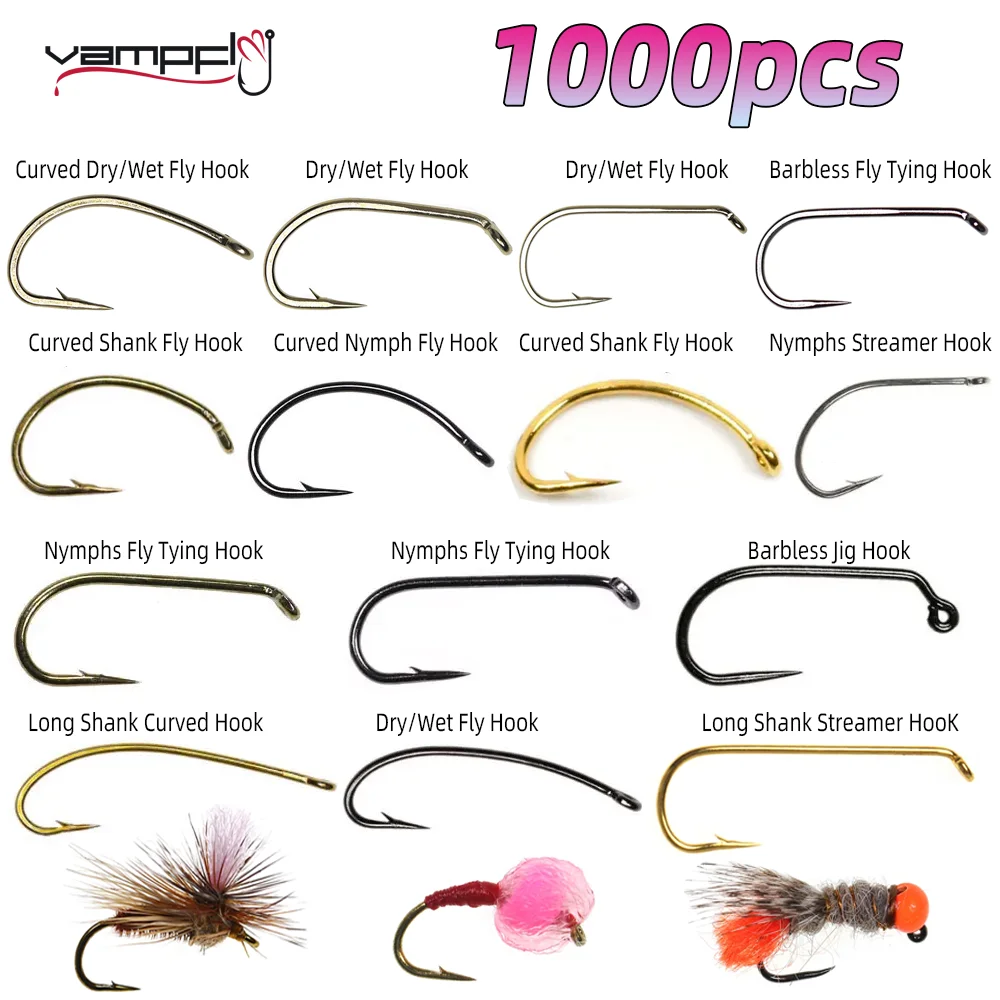 

Vampfly 1000PCS Barbed and Barbless Fly Fishing Hook Scud Caddis Jig Nymph Dry Wet Fly Streamer Fly Tying Hook Fishing Tackle