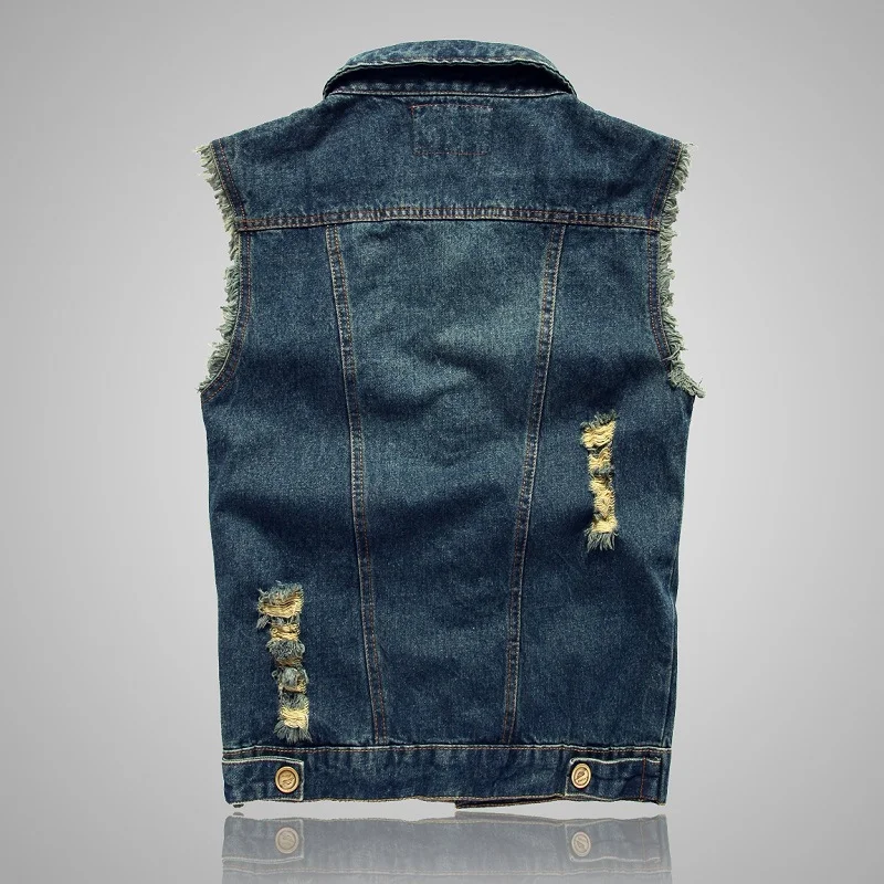 Men's Slim Fit Casual Jean Jacket Spring-Thin Front-Lined Fringed Denim Vest with Lapel and Sleeveless Design