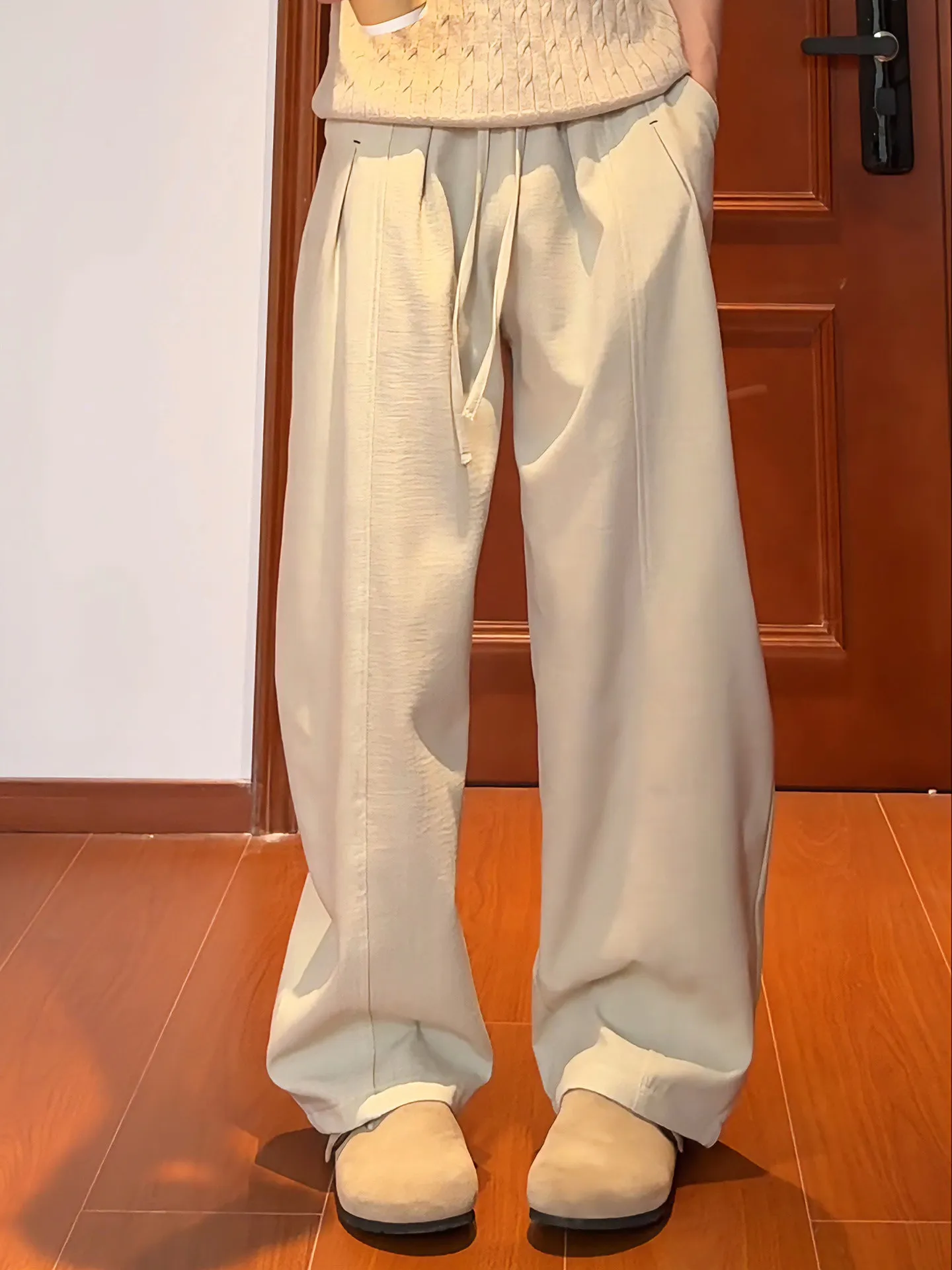 

Ice Silk Straight Leg Pants Men's Summer Thin Style Casual Loose Wide Leg Long Trousers Simulation Linen Drapey Comfortable