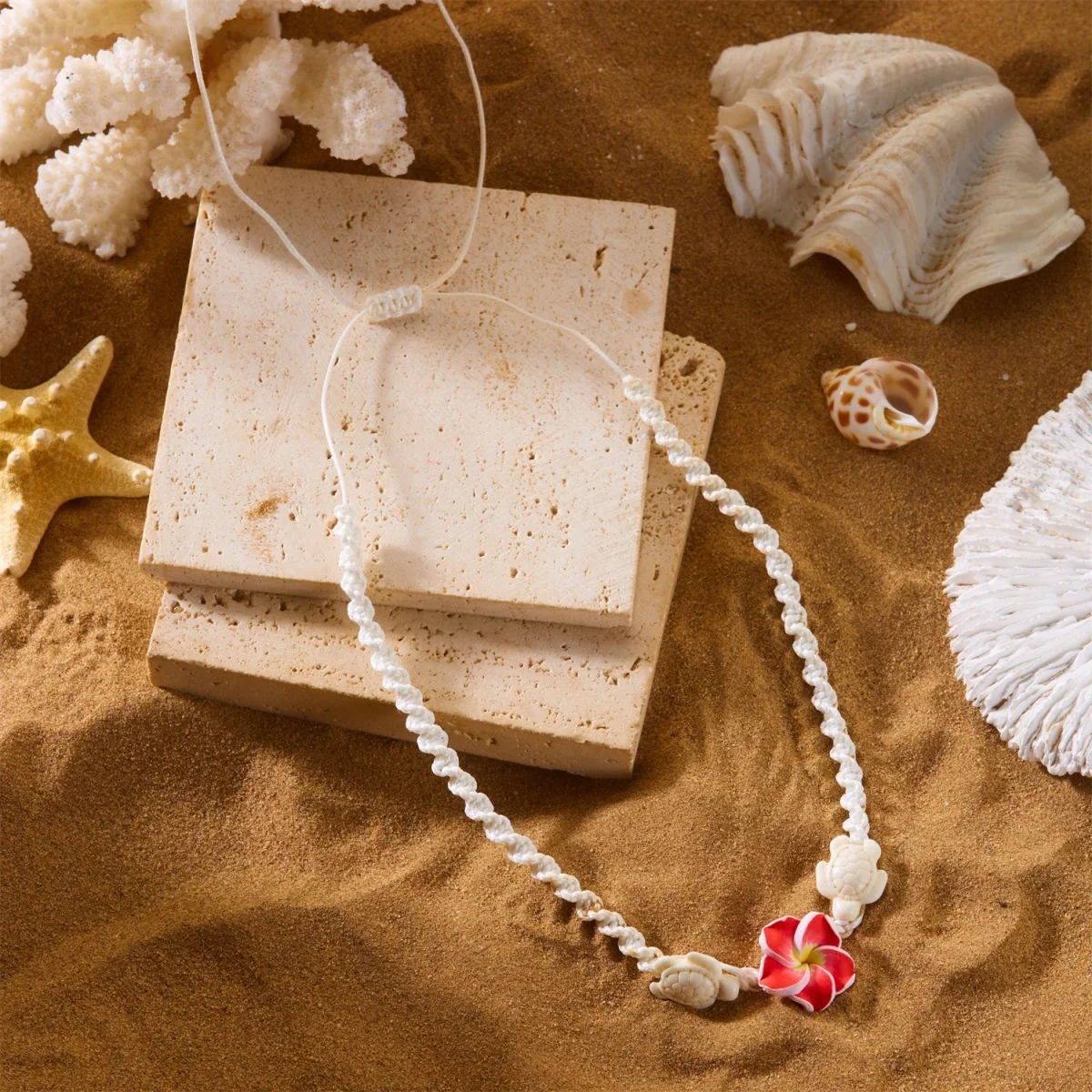 Boho-Halskette aus weicher Tonerde mit weißem geflochtenem Seil für Damen und Herren, Harz-Meeresschildkröten, florales Choker-Halsband, Sommer-Strand-Urlaubsschmuck – Detail 19