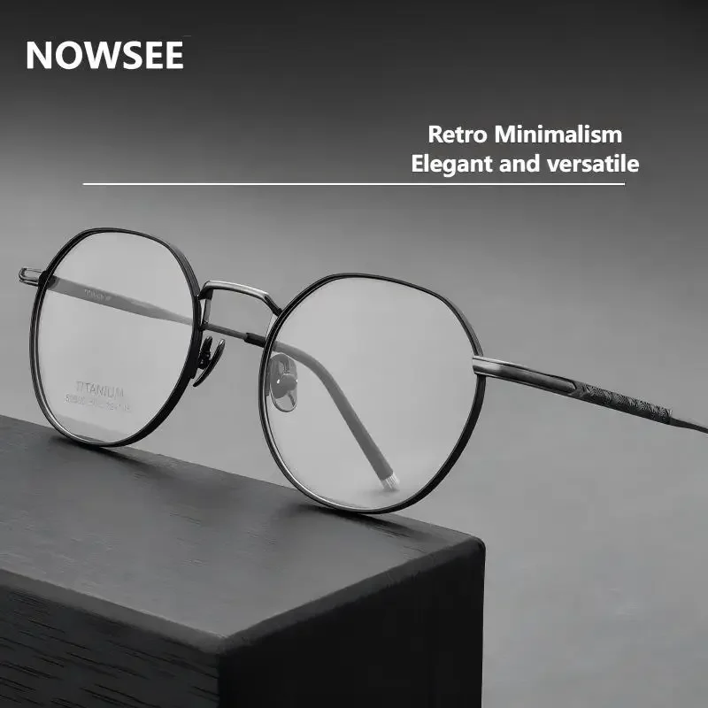 

NOWSEE Pure Titanium Handmade Glasses, Oval Frame Vintage Fashion Glasses Myopia Prescription Anti-blue Light Optical Glasses