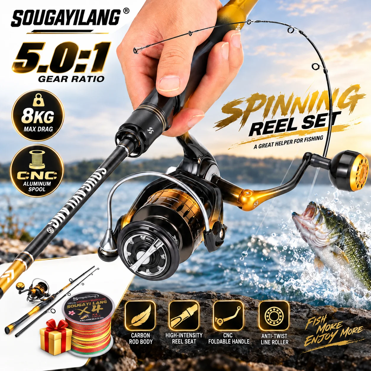 Sougayilang 2 Sections Carbon Spinning Fishing Rod & Reel Combos 1.8/2.1m 1000-5000 Lure Fishing Pole Set for Bass Trout Fishing