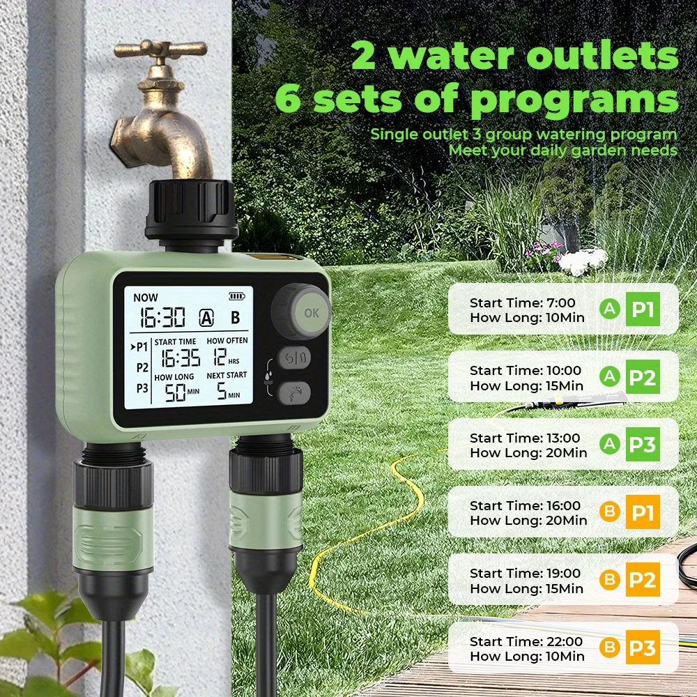 Eshico Autumn Newest 2-outlet Water Timer A/B 6P Plans Watering Delay with Intelligent Rain Sensor Brass Joint & Knob Operation