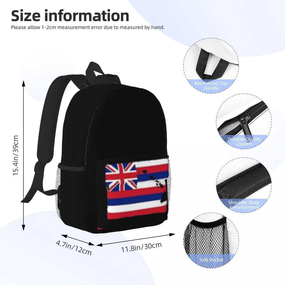 Anime Cartoon Schoolbag para a Juventude, Mochila Leve, Bandeira do Havaí Impressa, Casual, Infantil, 15"