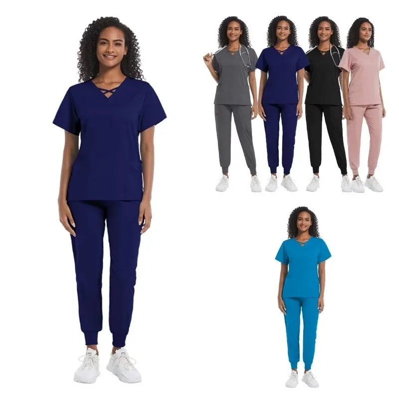 

High Quality Unisex V-Neck Scrub Suit Short Sleeve Hospital Doctor/Nurse Uniform Top Jogging Pants Medical Scrub Sets