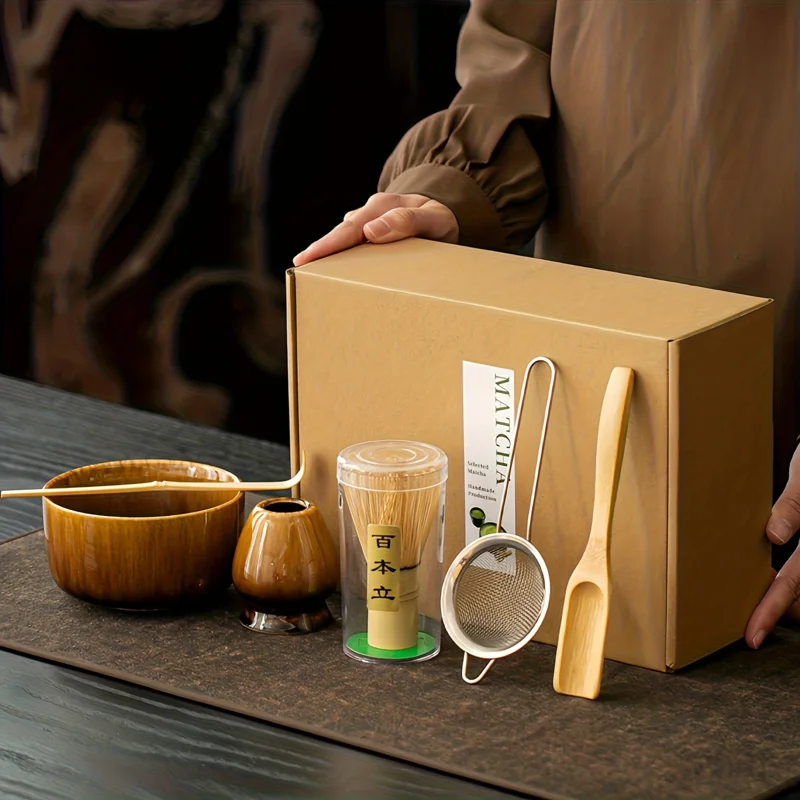 Juego de 6 utensilios para matcha: tazón de cerámica esmaltada, agitador de bambú, cuchara, filtro, juego de té estilo Dinastía Song, caja de regalo para matcha
