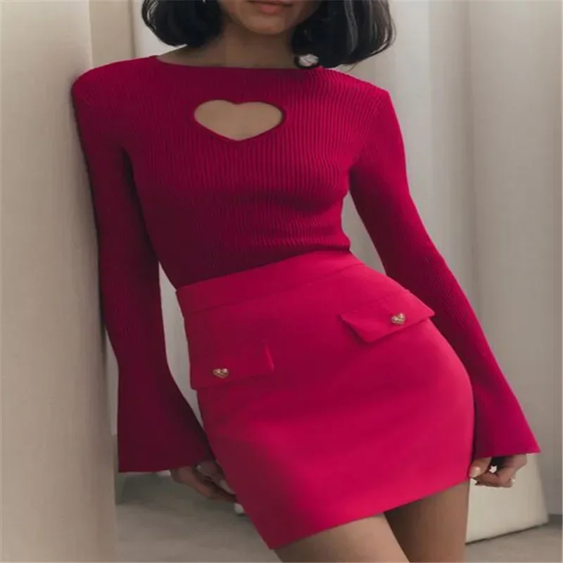 Heart Hollow Out Cropped Sweaters For Women 2024 O-Neck Flare Sleeve Red Jumper Sweater Autumn Winter Long Sleeve Knitted Top