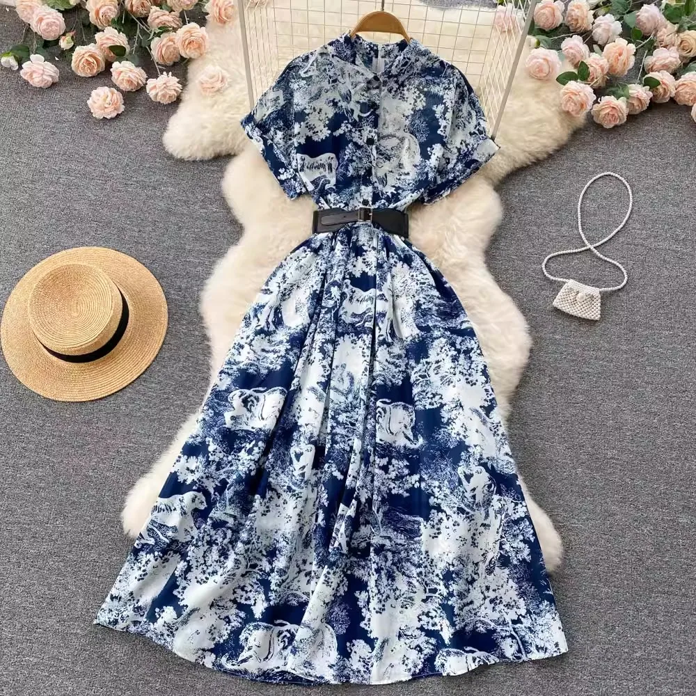 French Retro Shirt Dress Summer Women\'s Lapel Short Sleeve Elegant Vintage Print Single Breasted High Waist Belt Long Vestidos