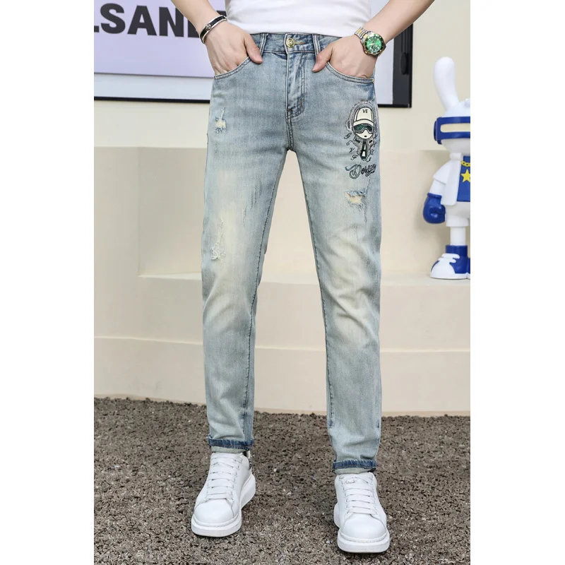 Calça jeans high-end masculina, impressão por transferência de calor, estampa vintage, luz azul, alongamento luxuoso, ajuste fino, calça cônico, verão