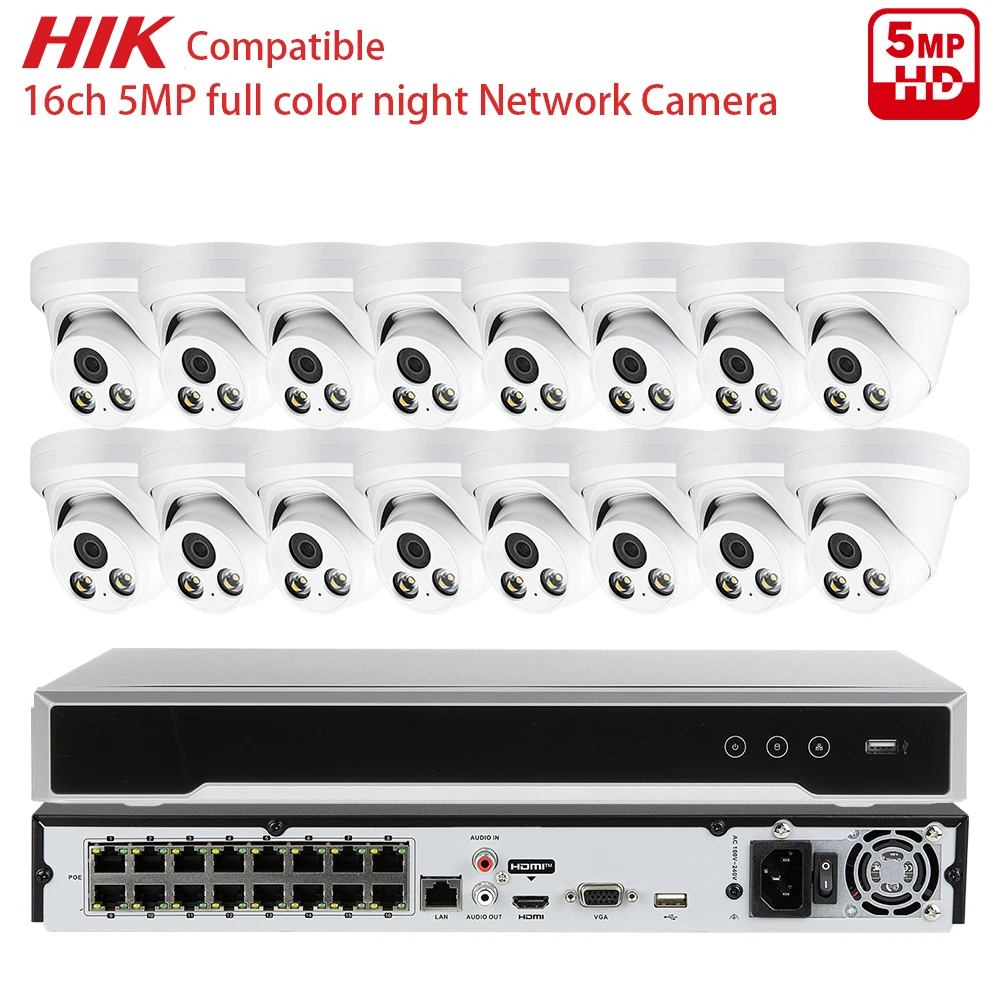 16-Channel 5MP IP Camera Kit 16poe NVR 2SATA Network Video Recorder 5MP Color Night Vision IP Camera