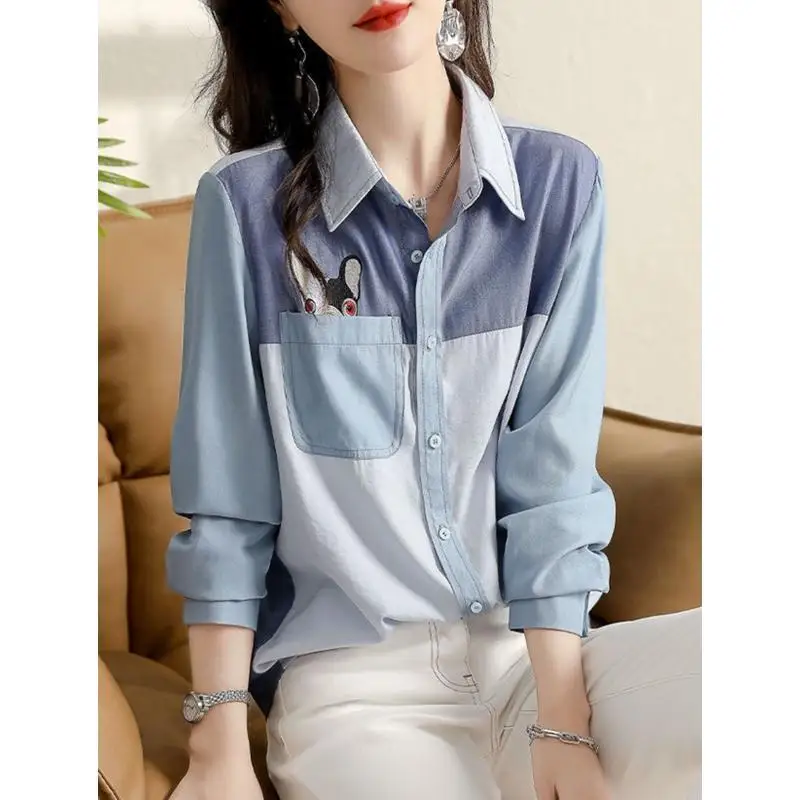 Fashion Color Matching Pocket Single-breasted Blouse Women New Classic Long Sleeve Polo Collar Blue Spring Autumn Shirt 2023