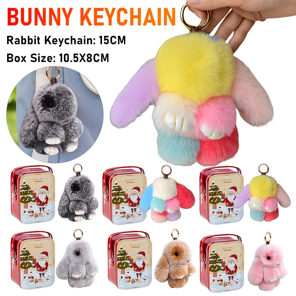 

Cute Plush Bunny Keychain With Tin Car Handbag Fluffy Rabbit Animal Keychain Girls Bag Car Key Chain Women Trinket Pendant Gift