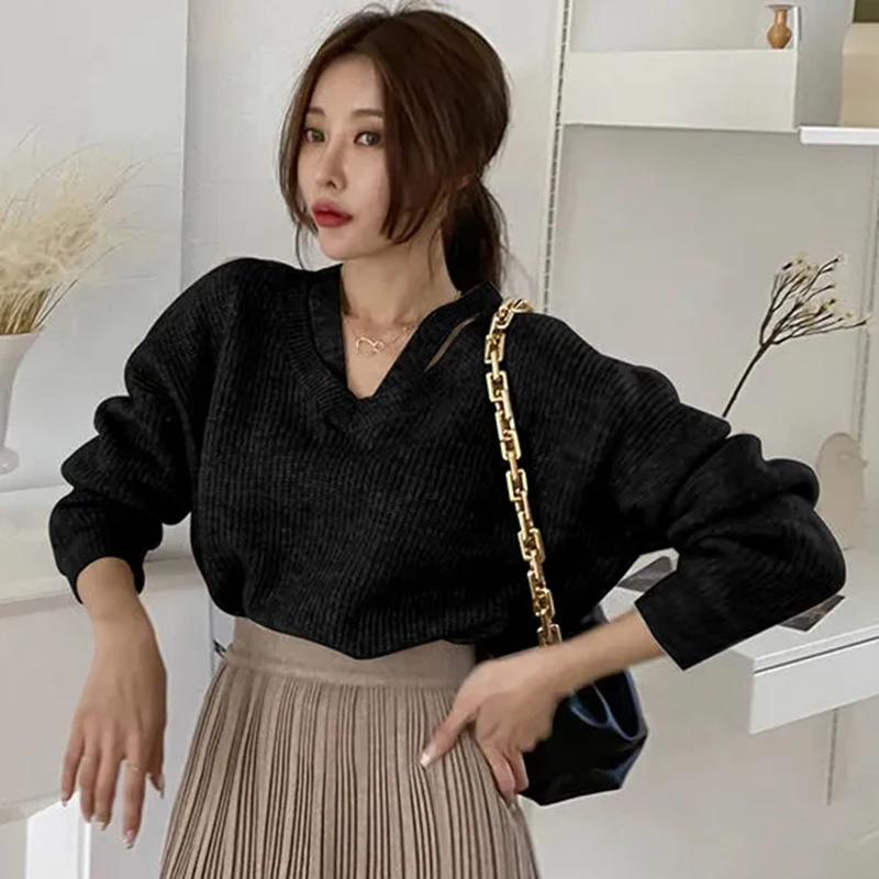 Knitted Black Sweater Women Fashion Slash Neck Chic Korean Elegant Sexy Pullovers Autumn Casual Loose Basic Female Tops