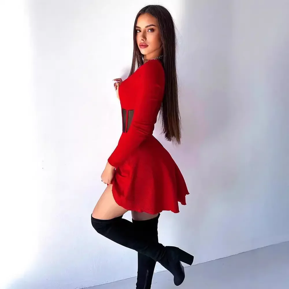 A-lijn effen jurken voor dames mode sexy streetwear lange mouwen mesh patchwork o-hals mini vestidos gewaden vrouwelijke slim fit