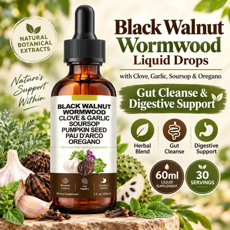 Black Walnut Wormwood Liquid Drops with Clove, Garlic, Soursop & Oregano for Gut Cleanse & Digestive Support 60ml, 30 Servings