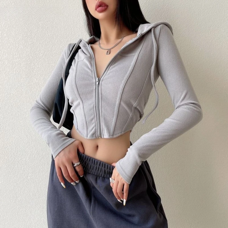 Long Sleeve T-Shirts Women Streetwear Hooded Solid Slim Fit All-match Sexy Hot Girls Comfortable Crop Tops Spring Female Clothes