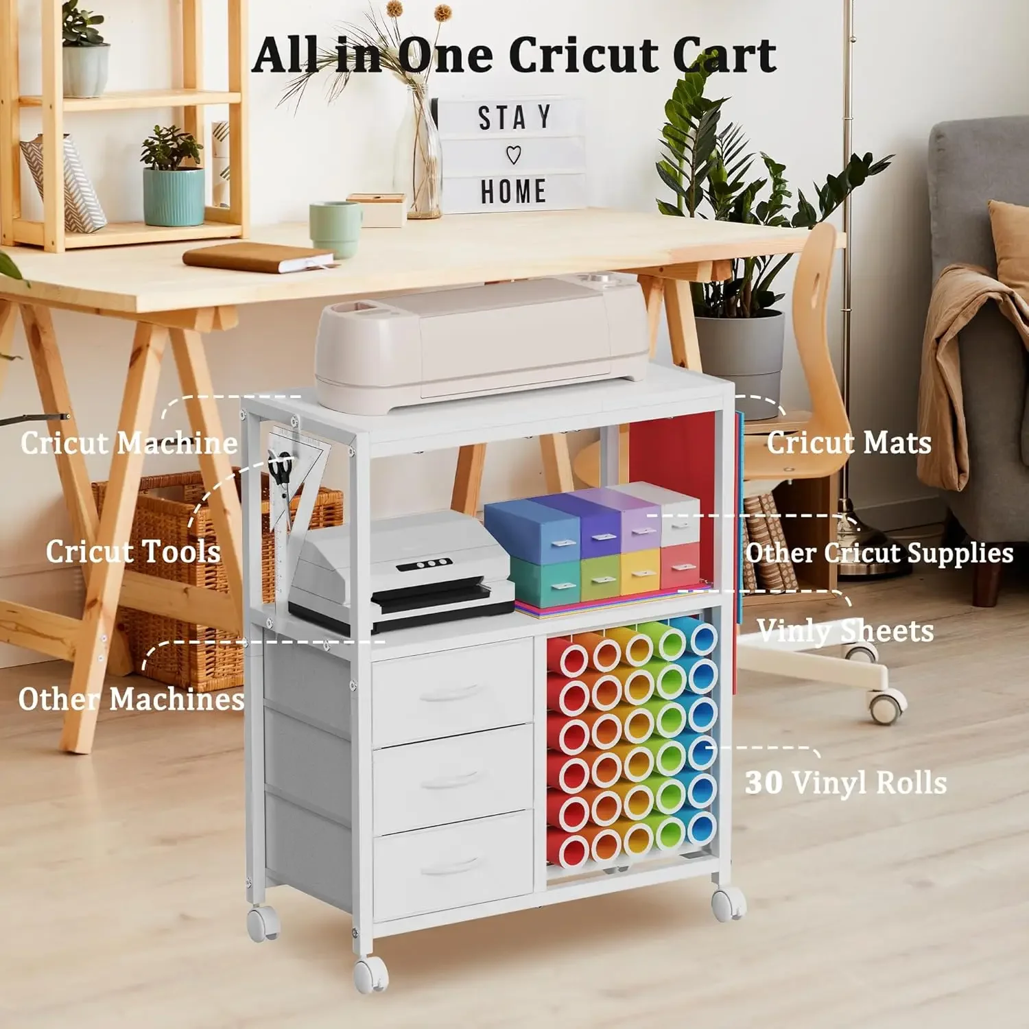 30 Vinyl Roll Holders for Cricut Cart, Rolling Craft Cart with 3 Fabric Drawer, Craft Organization and Storage Compatible with C